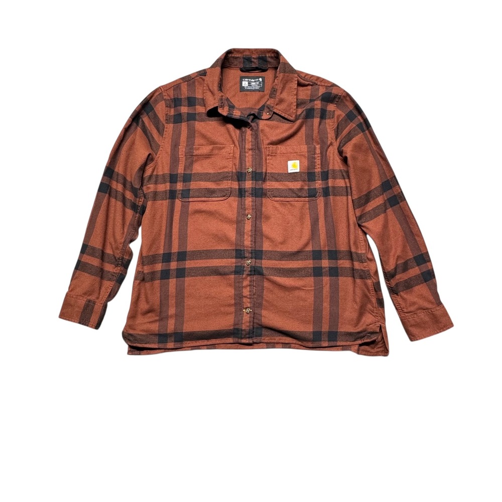 Carhartt Women's Rugged FLex Loose Fit Plaid Flannel Shirt Large Midweight Brown